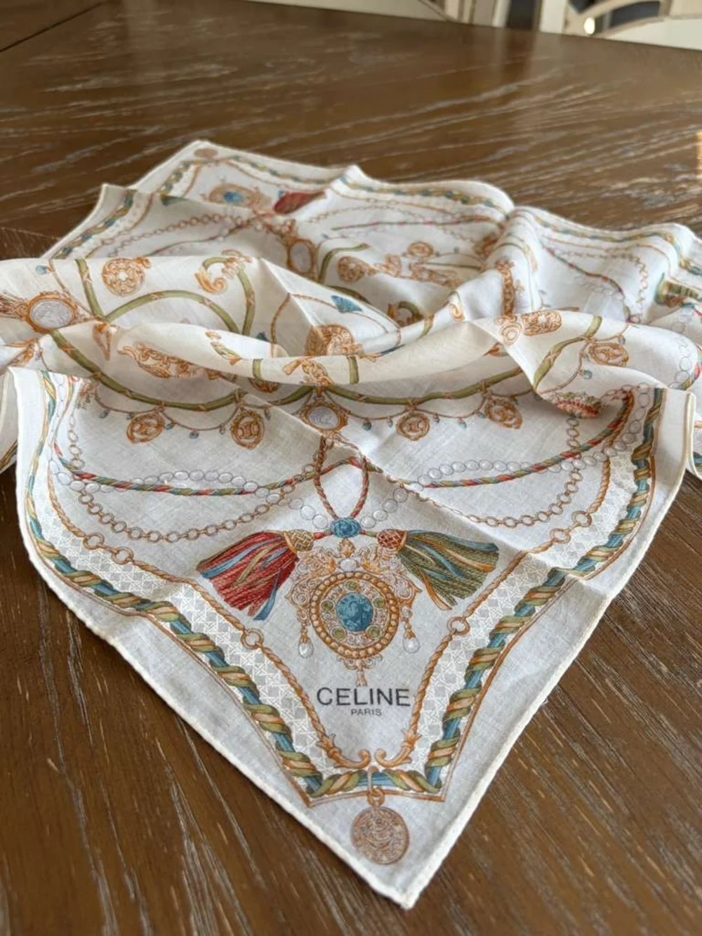 Celine White Cotton Scarf Scarves Pocket Square 18” x 18” Hand Rolled